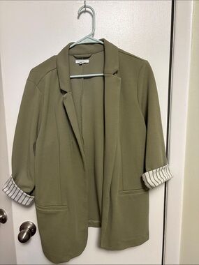 Maurices Olive Green Open-Front Blazer with Striped Cuffs